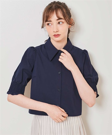 【SALE】シャーリング袖クロップドシャツ(70ネイビー-３６)