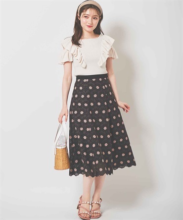 【SALE】花柄刺繍スカート(00クロ-３６)