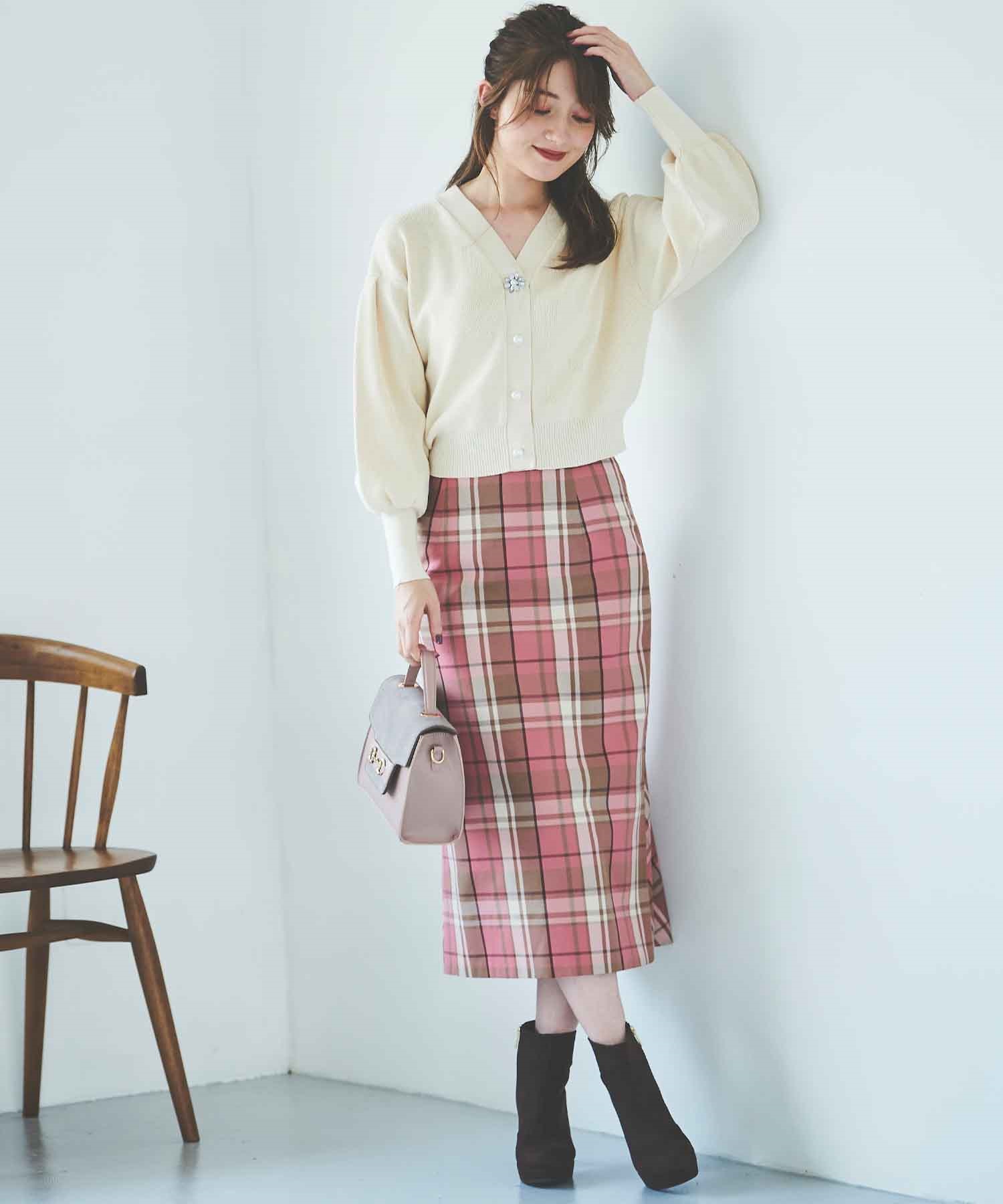 【SALE】先染めチェックタイトスカート(32ピンク-３６)