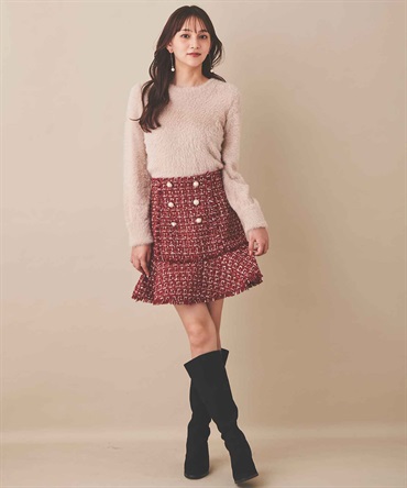 【SALE】裾フレアツイードフリンジミニスカート(30レッド-３８)