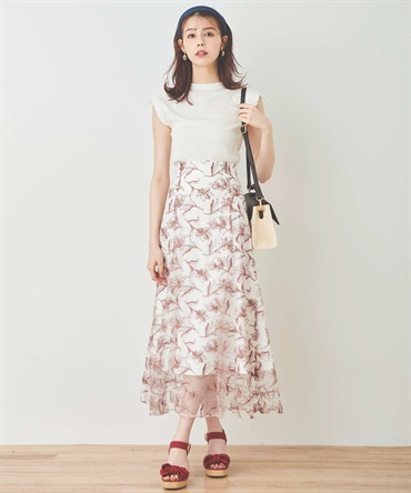 【SALE】チュール刺繍スカート(32ピンク-３８)
