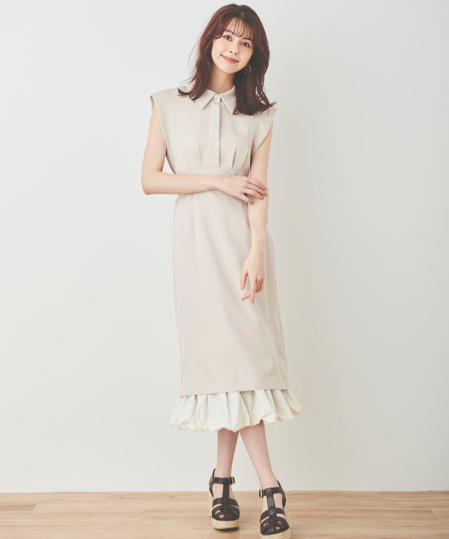 【美品】TRANS CONTINENTS ワンピースドレス 裾バルーン ベージュ